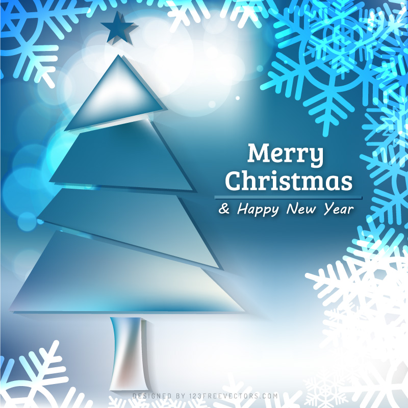Blue Christmas Tree and Snowflakes Background