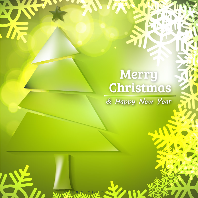 Green Christmas Tree and Snowflakes Background