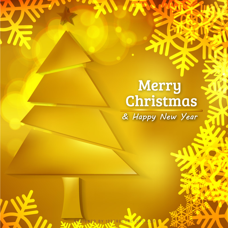 Orange Christmas Background with Tree and Snowflakes