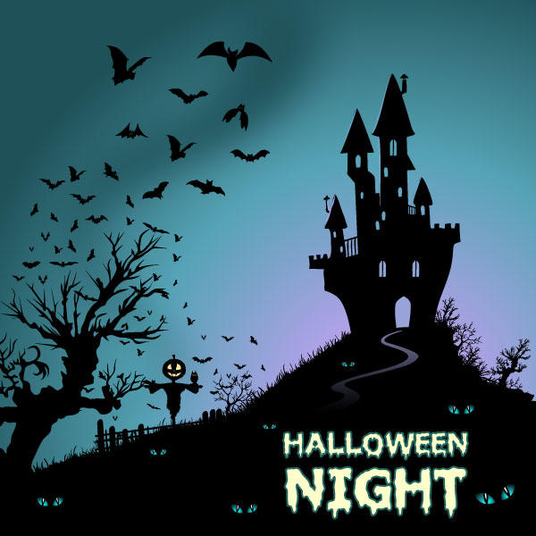 Happy Halloween Background with Haunted House and Bats Vector Art