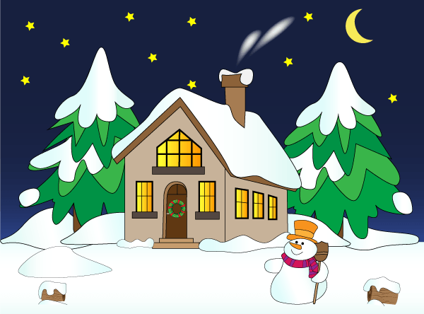 Free Vector Christmas Winter Landscape with House In Snow, Snowman and Pine Trees