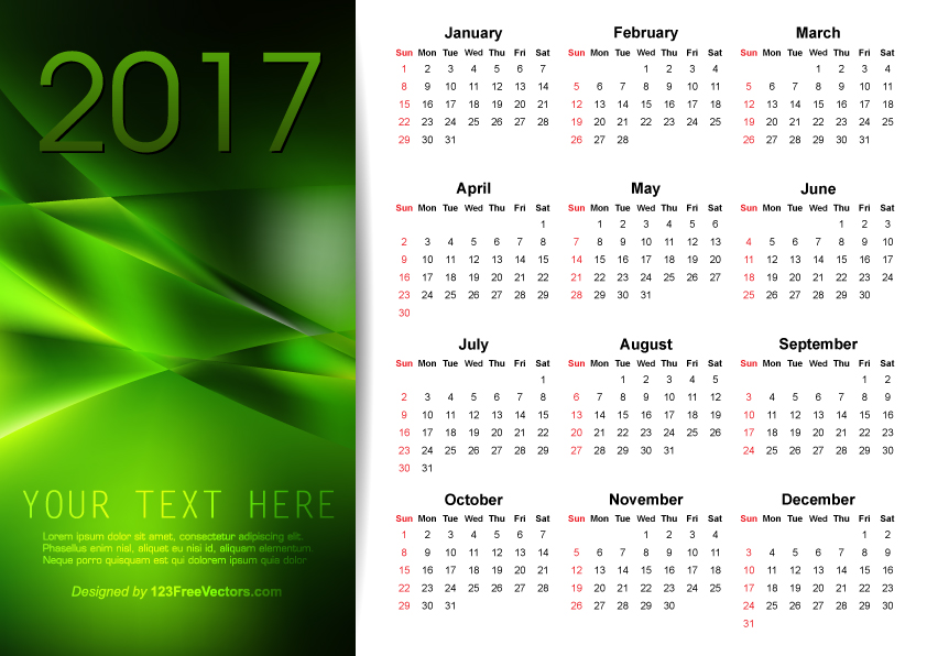 Vector Green Calendar Template 2017