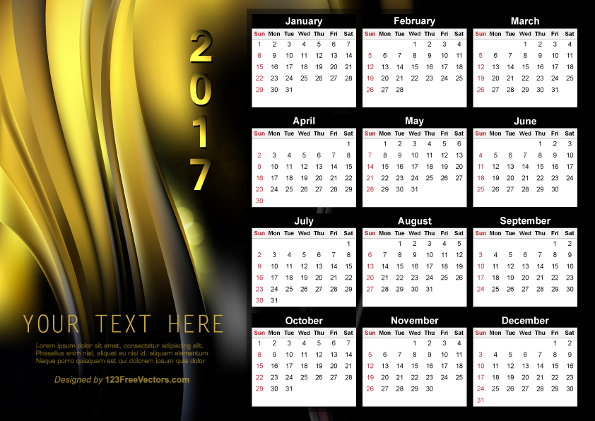 Vector Abstract Black and Gold Calendar 2017