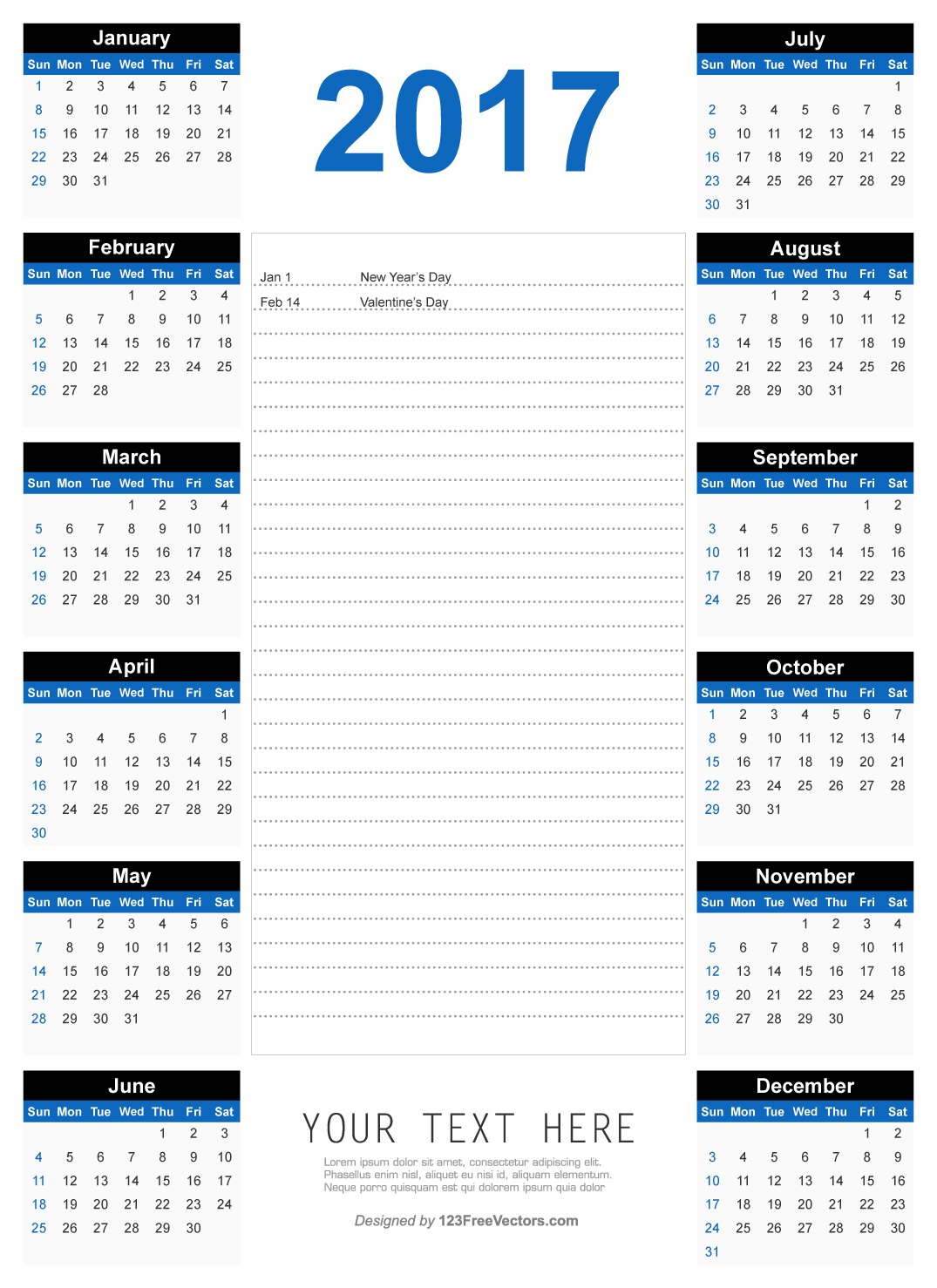 Yearly 2017 Calendar Template with Blank Notes