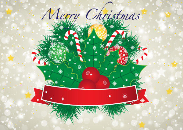 Merry Christmas Vector Banner with Red Ribbon and Christmas Ornaments