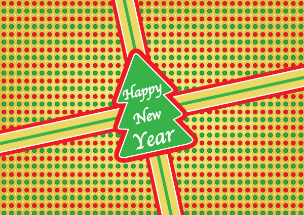 Christmas Tree Present Sticker with Happy New Year Lettering Vector Illustration