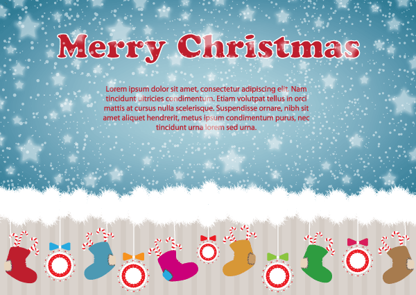 Christmas Illustration Card Design with Ornaments,  Santa’s Boot on Snow Background