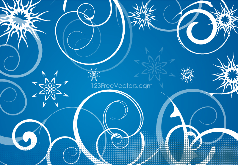 Blue Winter Swirls Snowflakes Background