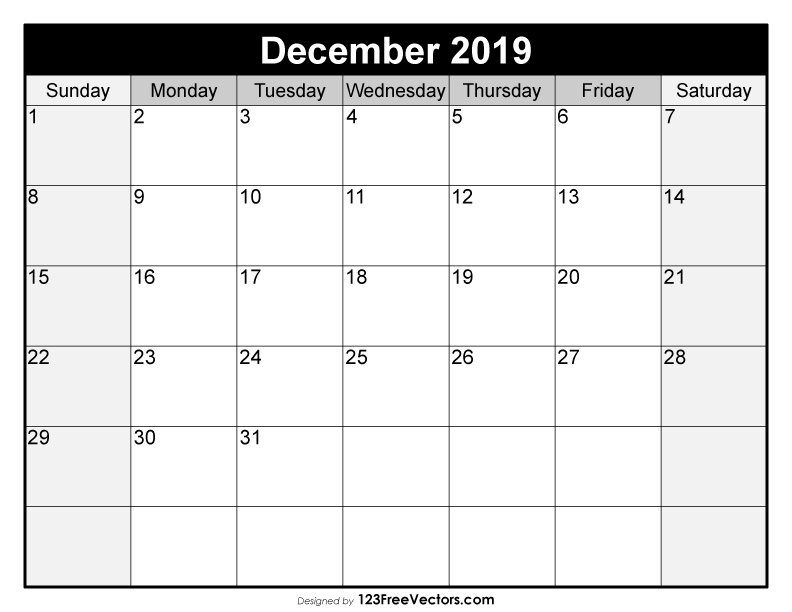 Blank December Calendar 2019