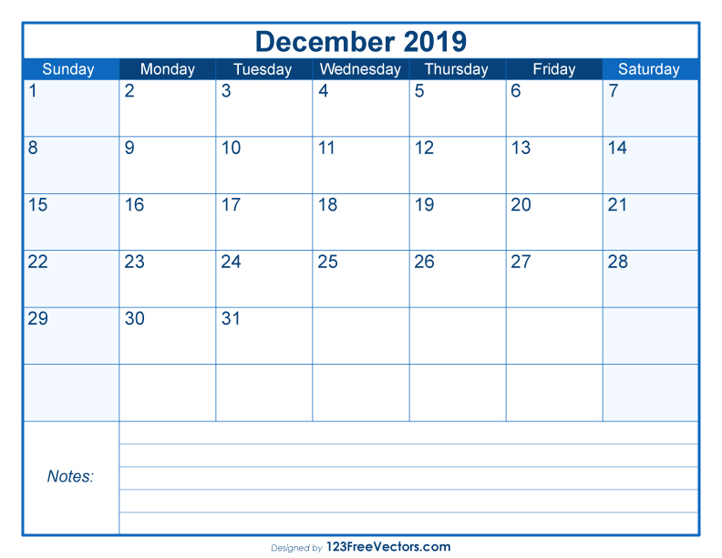 Blank Printable December Calendar 2019