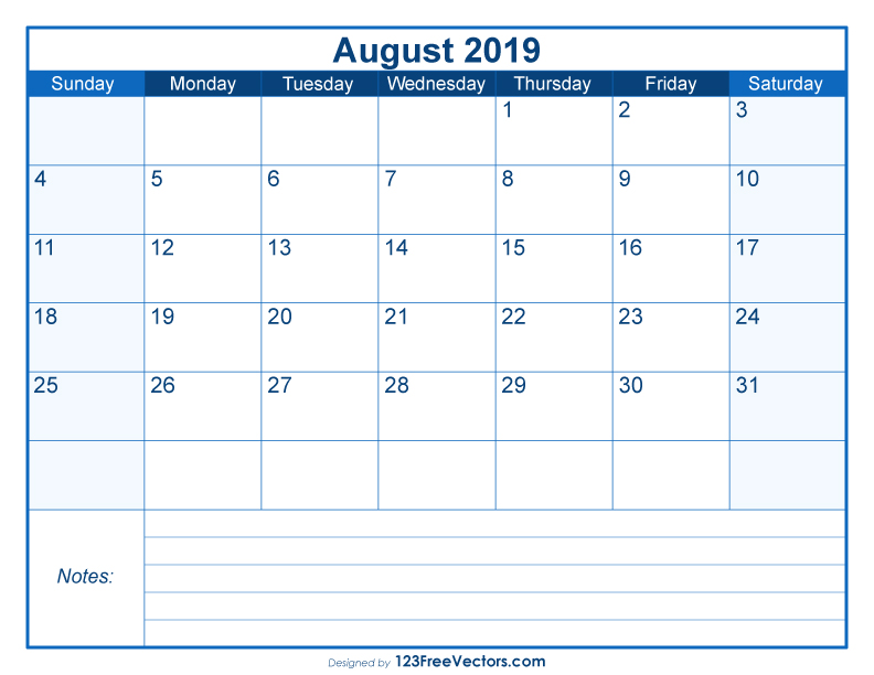 Blank Printable August Calendar 2019