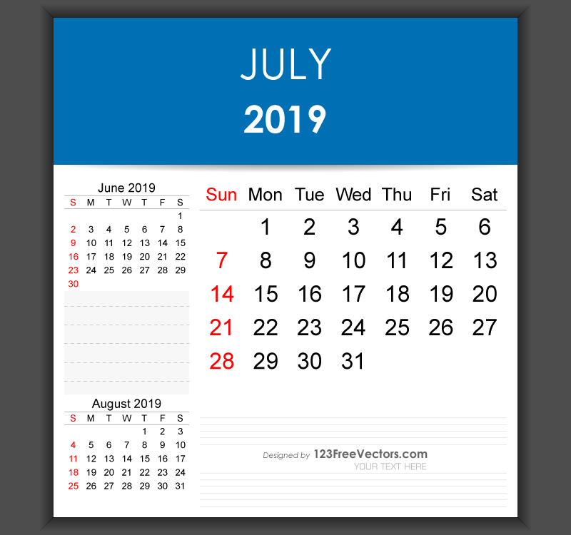 Editable July 2019 Calendar Template