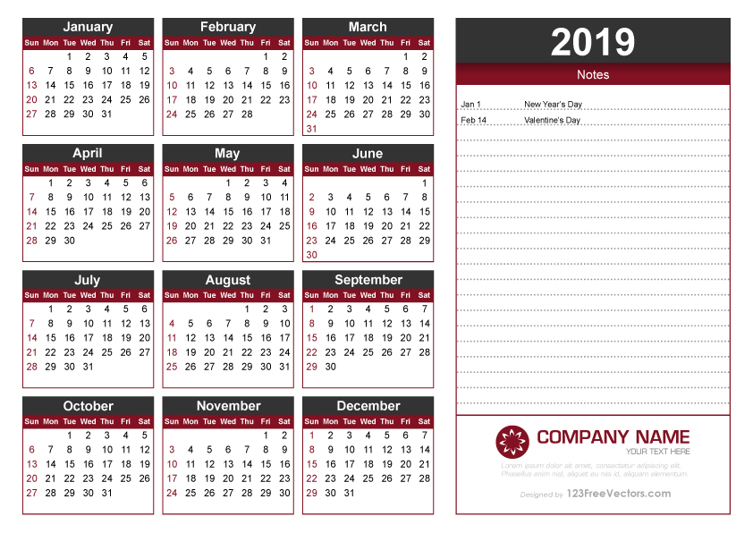 Yearly Calendar 2019 Printable