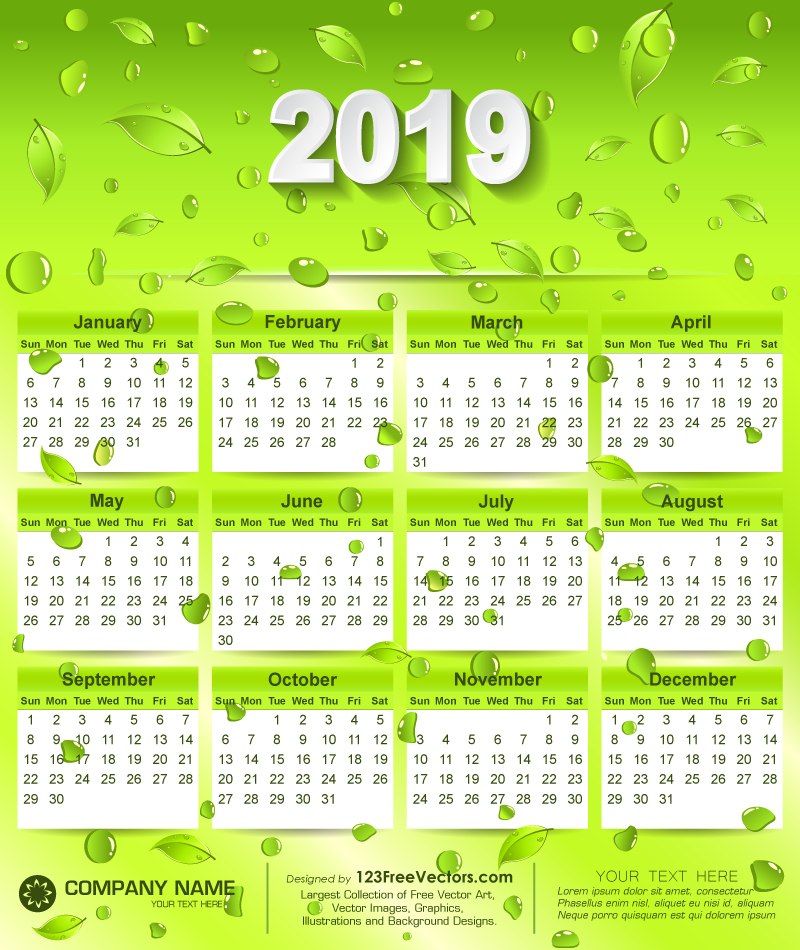 2019 Eco Green Wall Calendar Free Vector