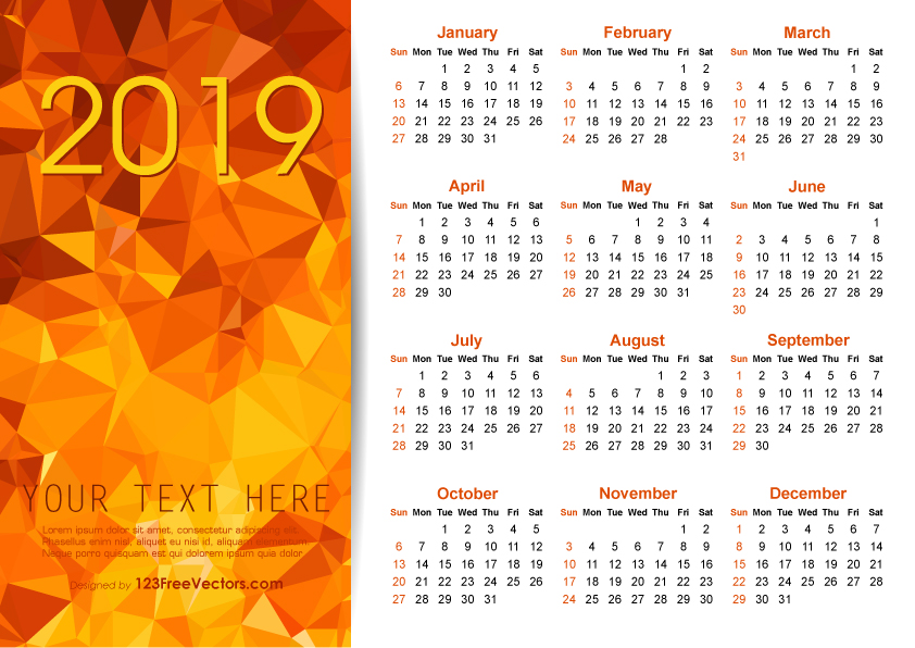 Vector Orange Polygon 2019 Calendar