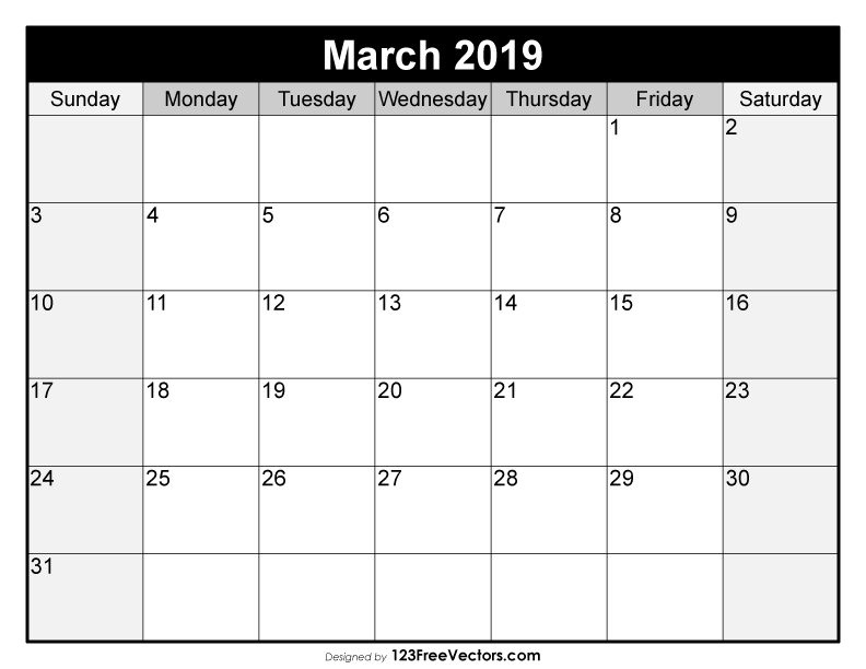 Blank March Calendar 2019
