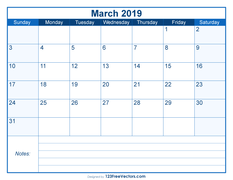 Blank Printable March Calendar 2019