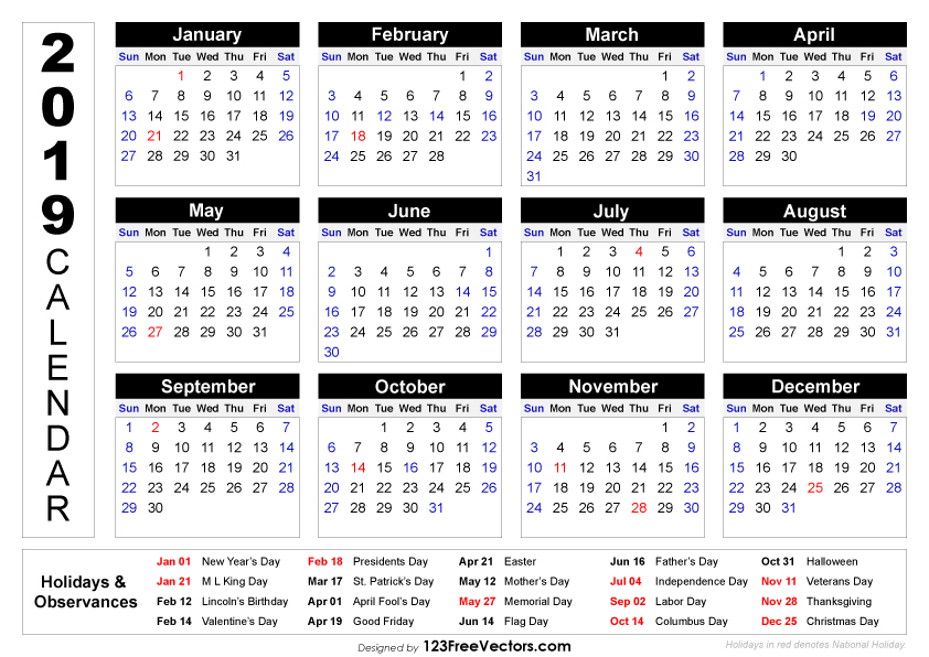 2019 Calendar Printable With Holidays