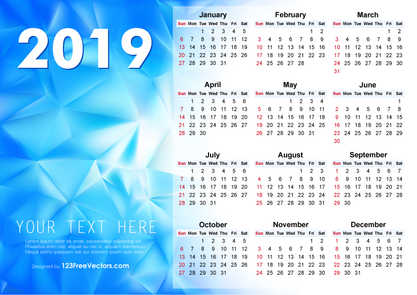 2019 Vector Abstract Blue Calendar Design