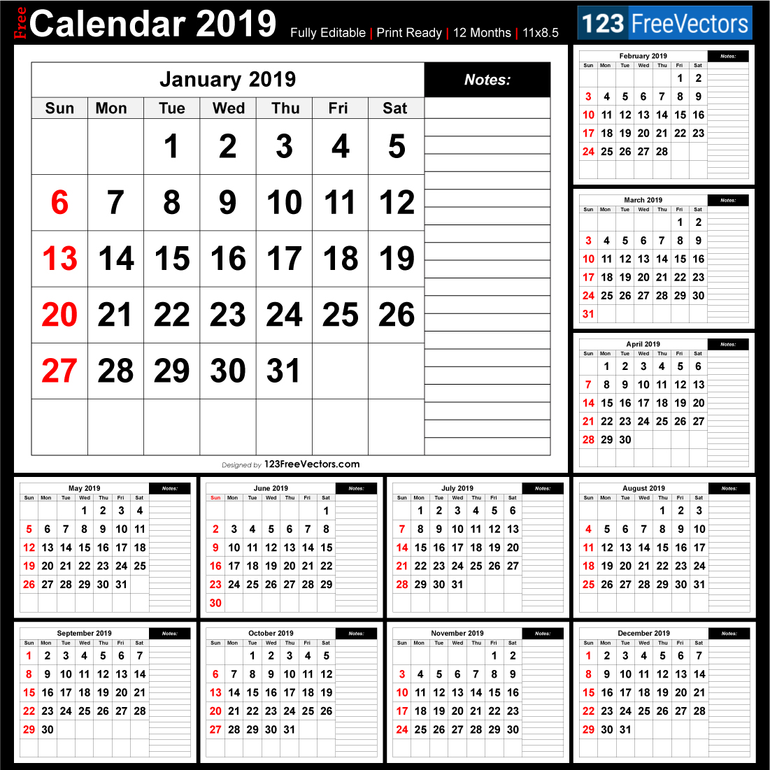 Printable Monthly Calendar 2019