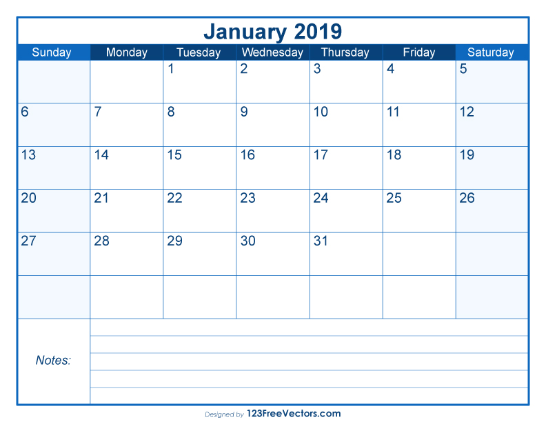 Blank Printable January Calendar 2019
