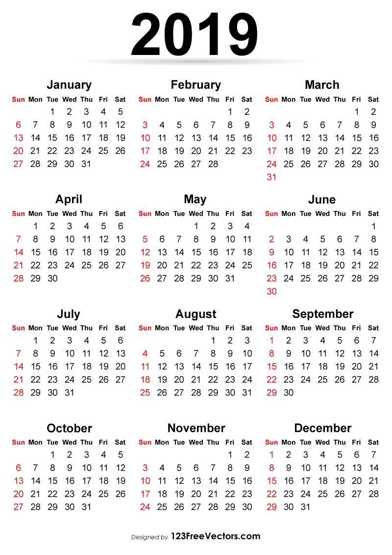 2019 Yearly Calendar Printable Free