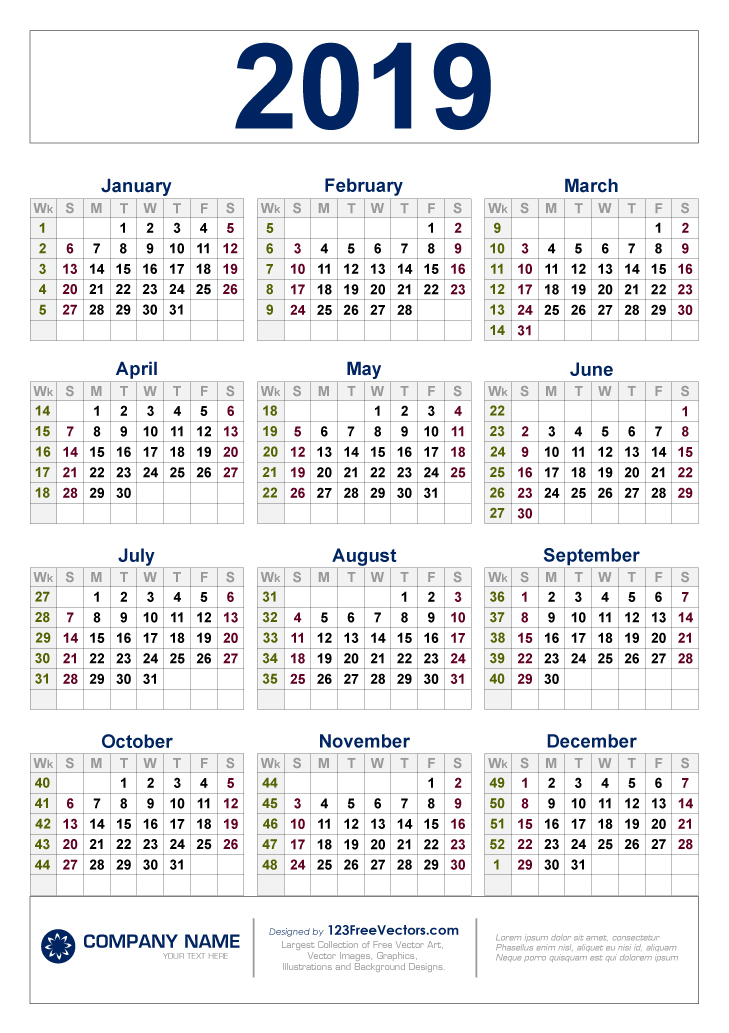 Free Download 19 Calendar With Week Numbers