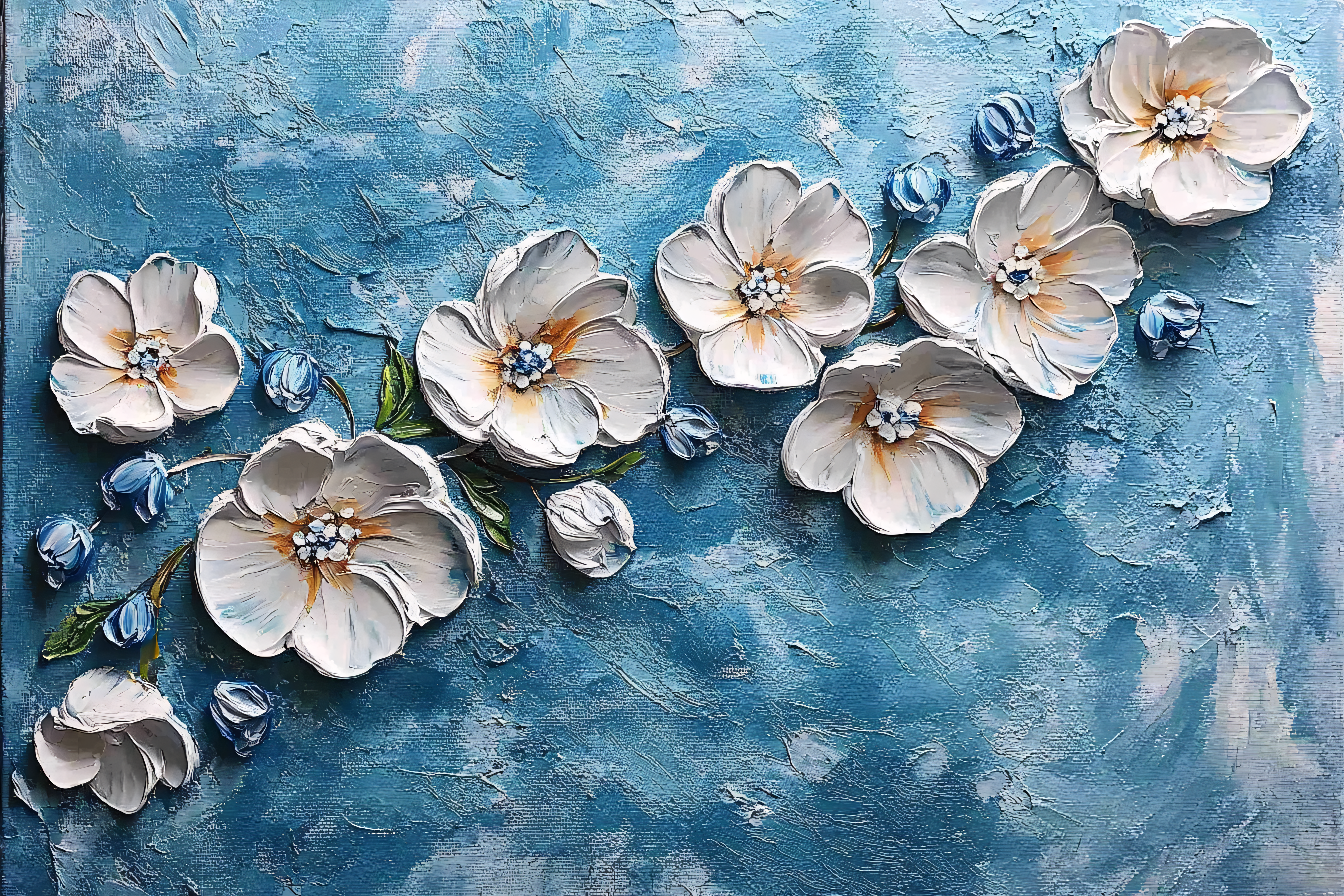 3D Floral Art on Textured Blue Canvas