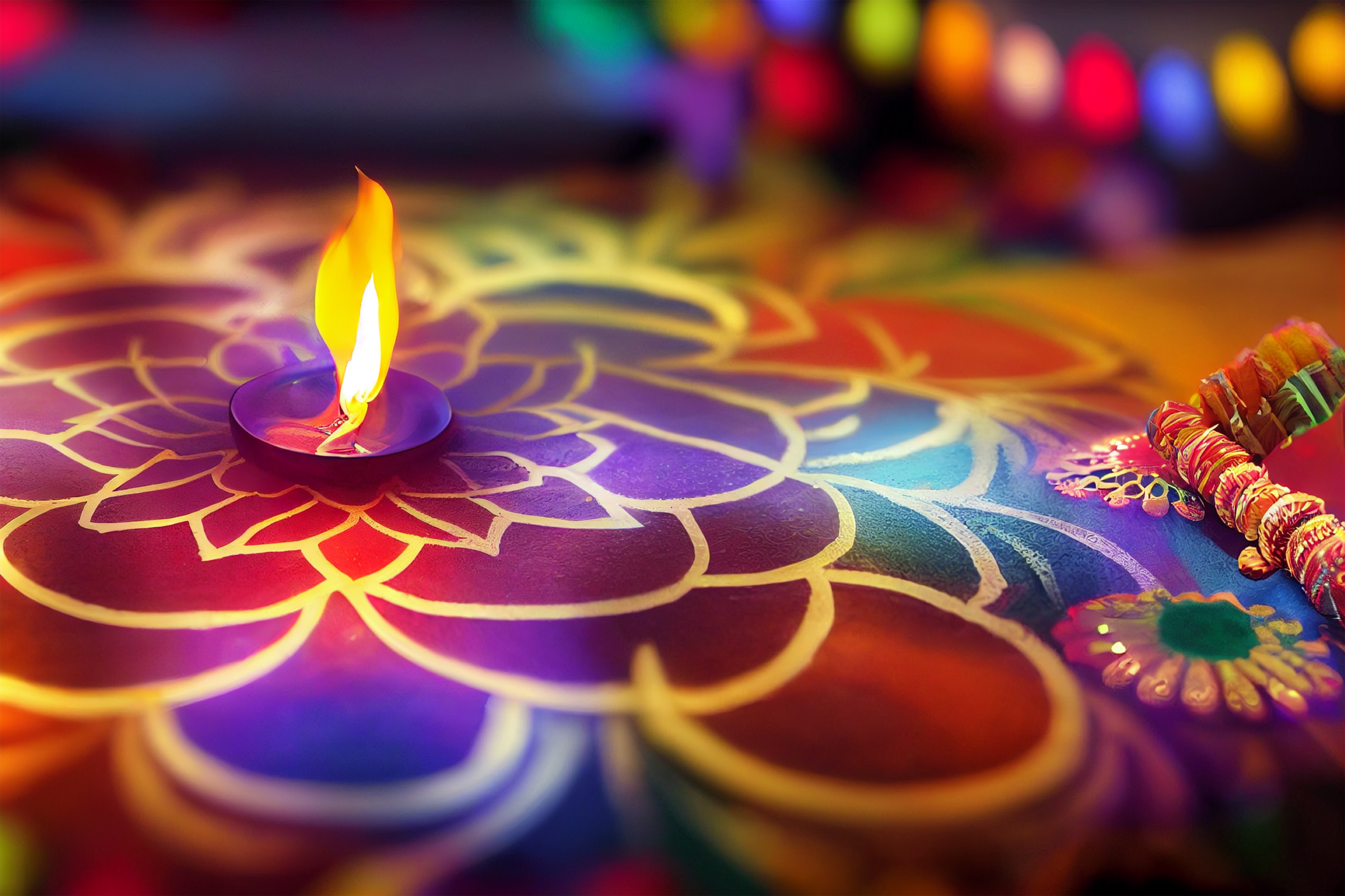 Free Diwali Diya Background with Colorful Rangoli Design