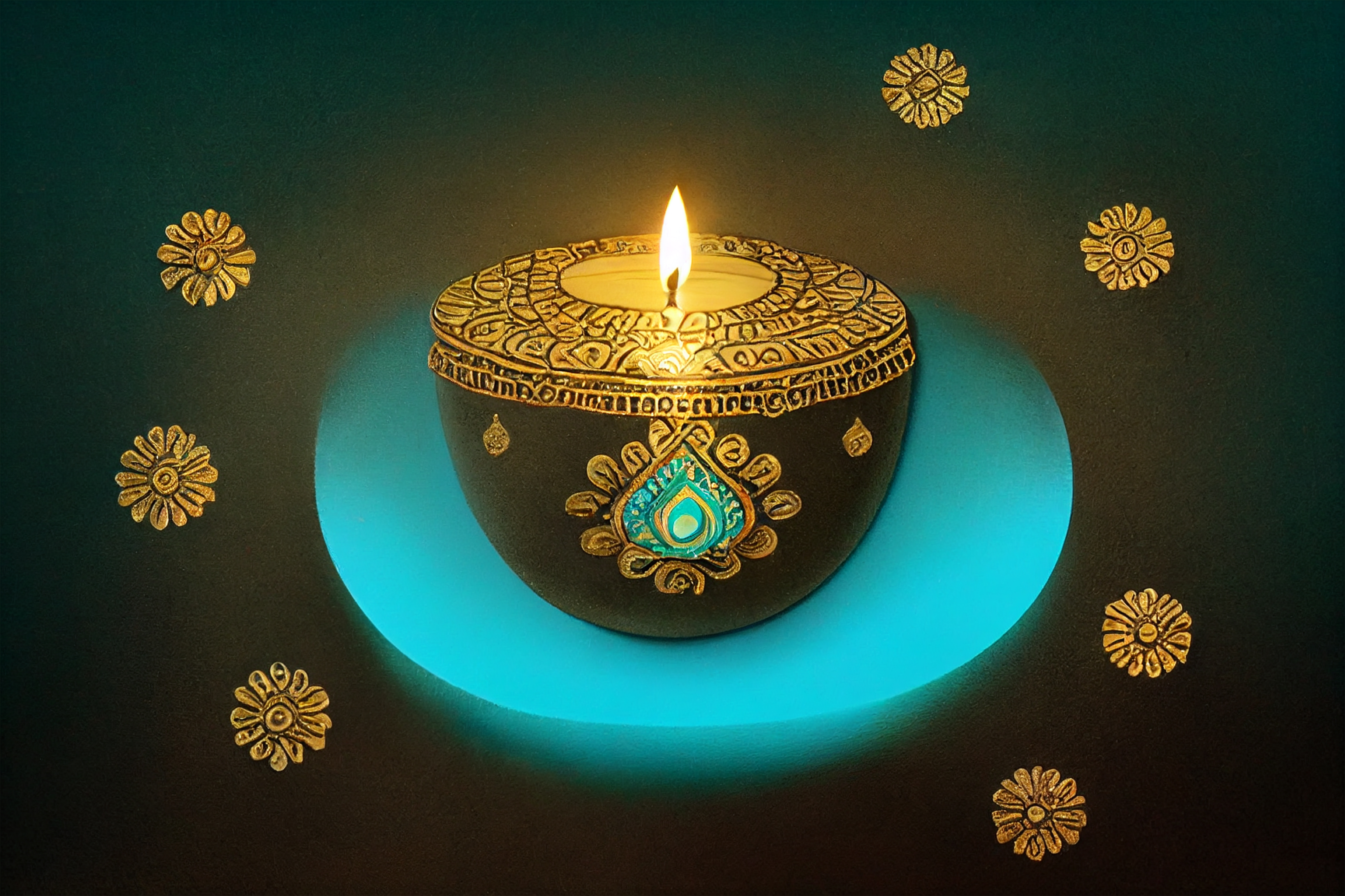 Free Blue Diwali Background with Golden Diya Lamp