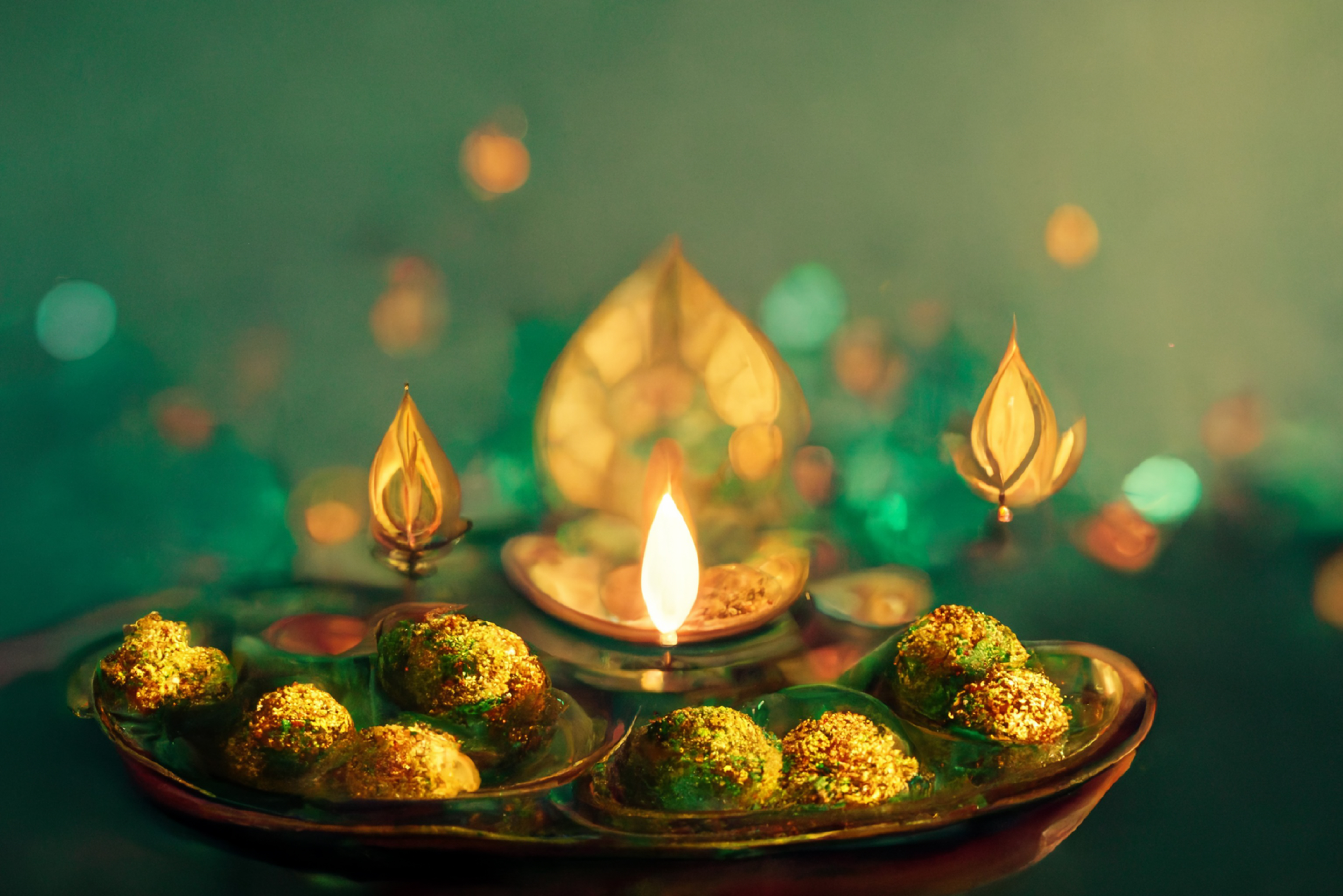 Free Happy Diwali Greeting Card with Gold Diya on Green Background