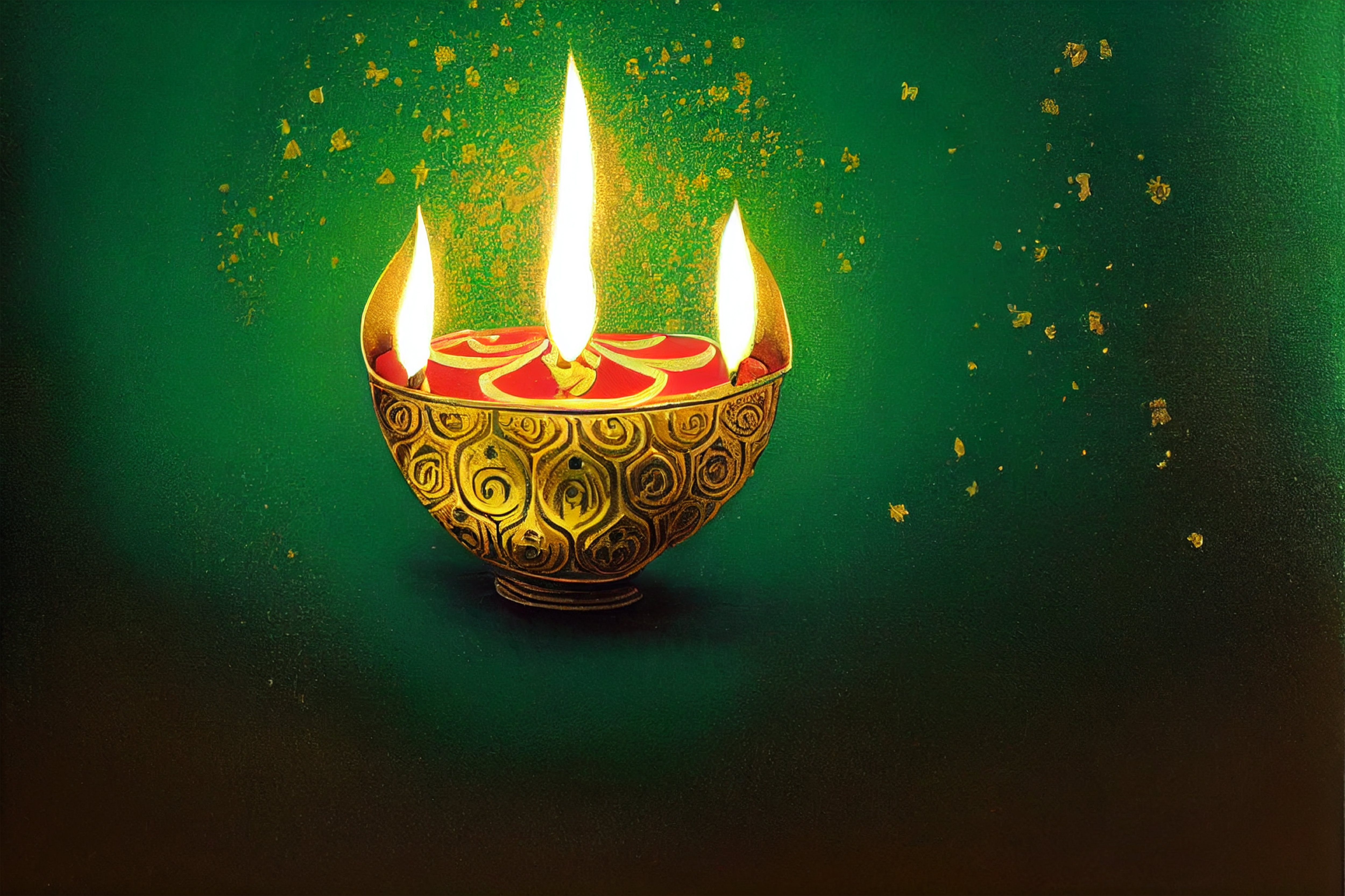 Free Happy Diwali Festival Card with Gold Diya on Green Background