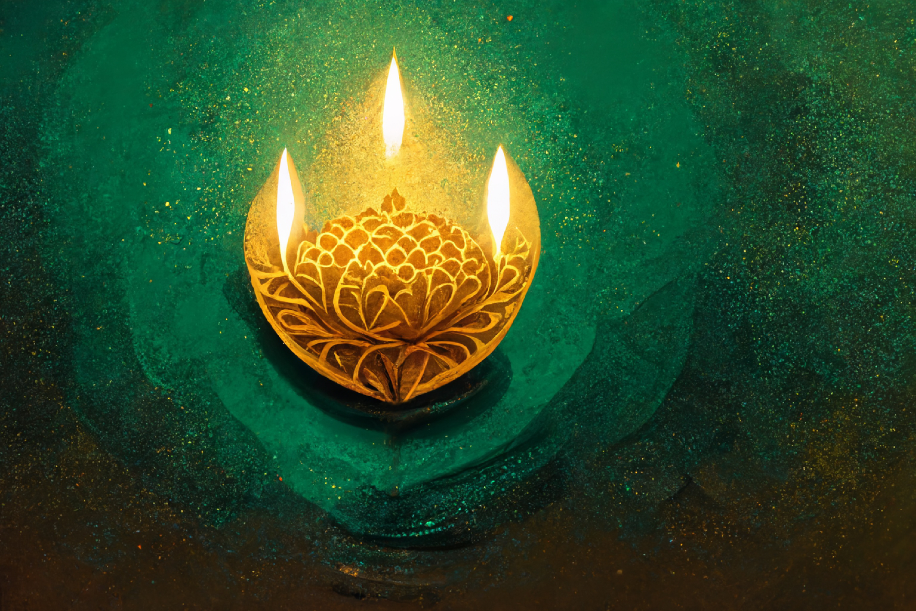 Green Diwali Greeting Card with Golden Diya Lamp