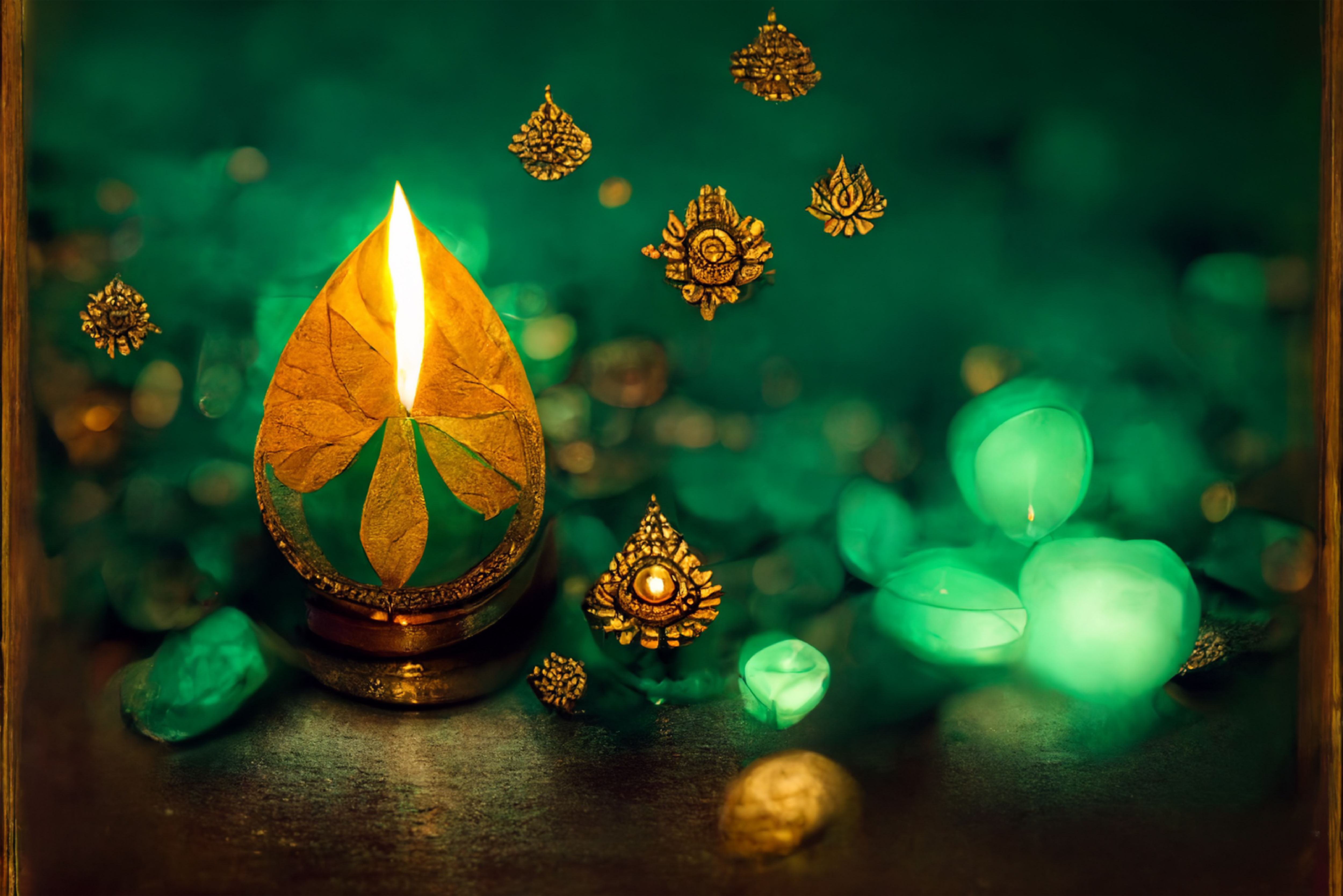 Free Green Diwali Background with Golden Diya Lamp Image