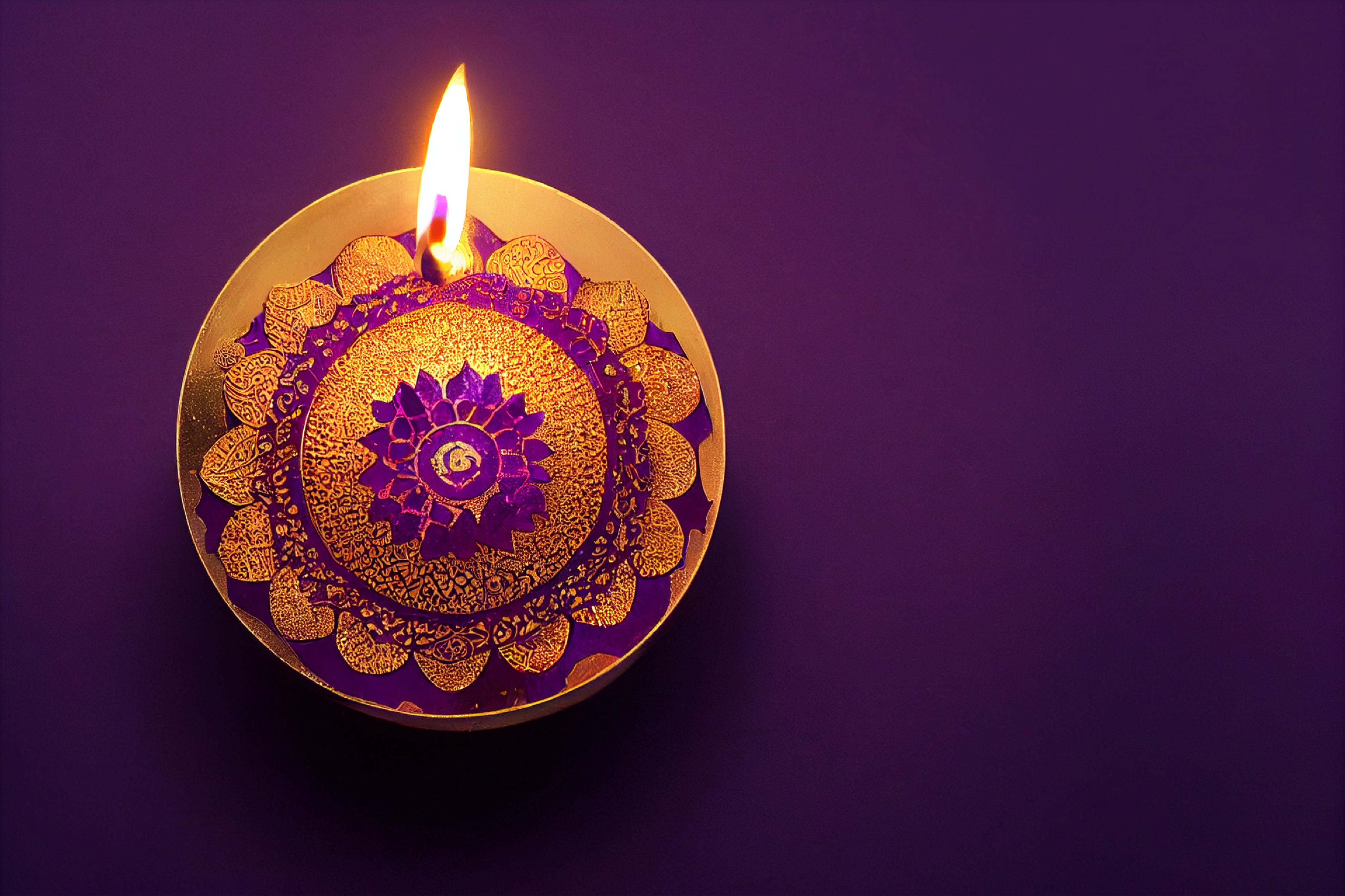 Free Happy Diwali Festival Card with Gold Diya on Purple Background