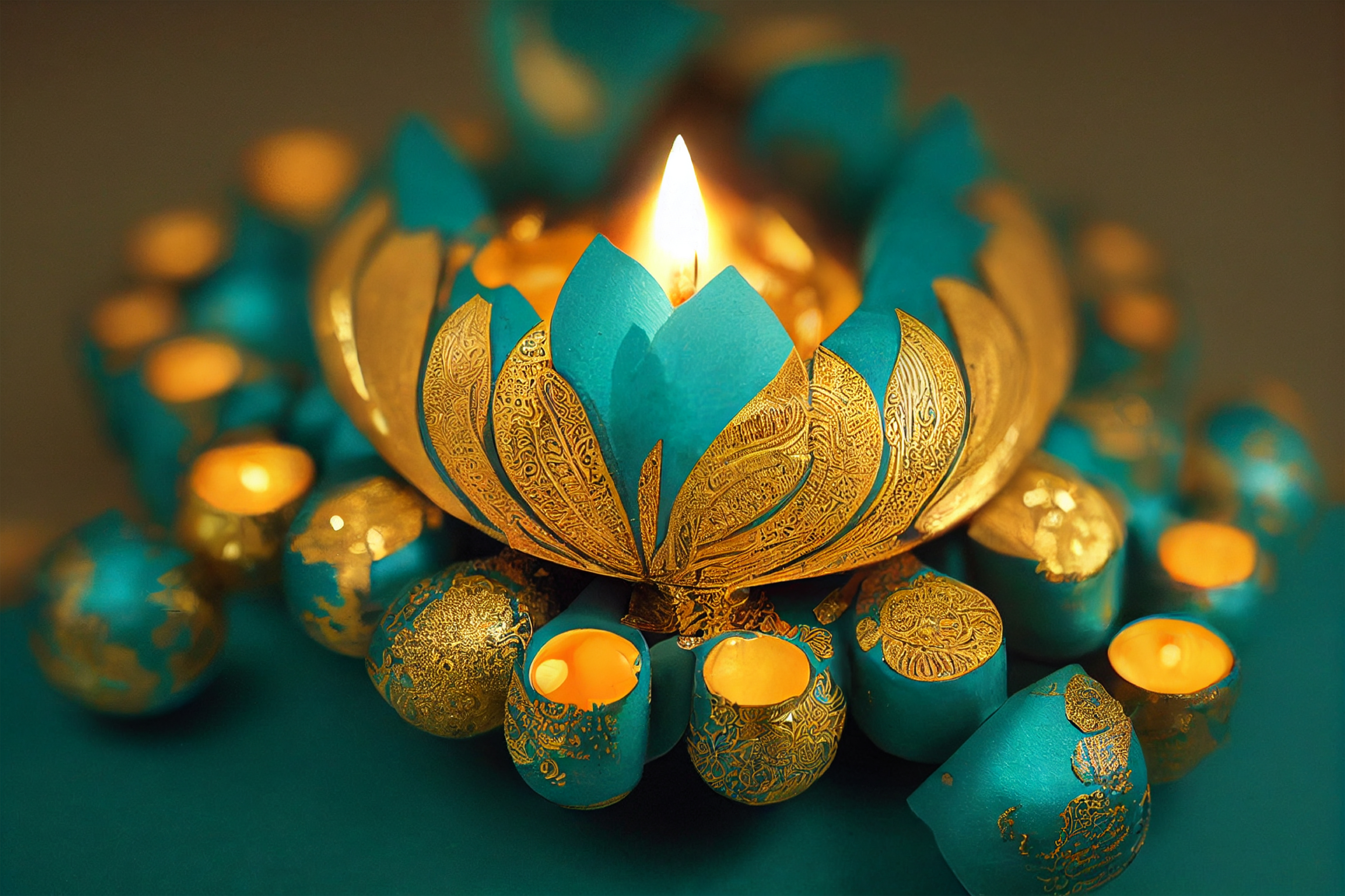 Turquoise Diwali Greeting Card with Golden Diya Lamp