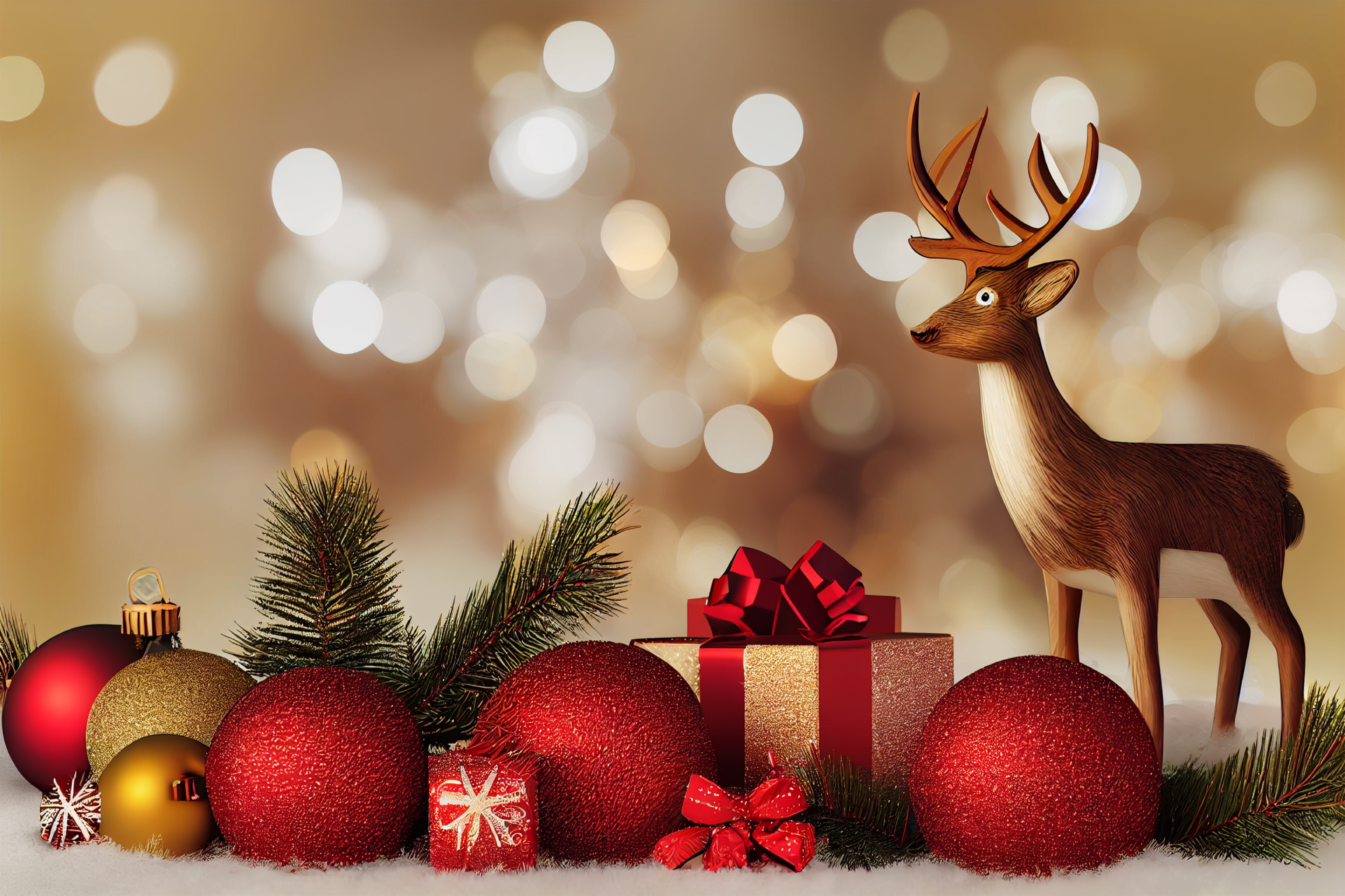 Christmas Background with Deer and Ball Ornaments Image
