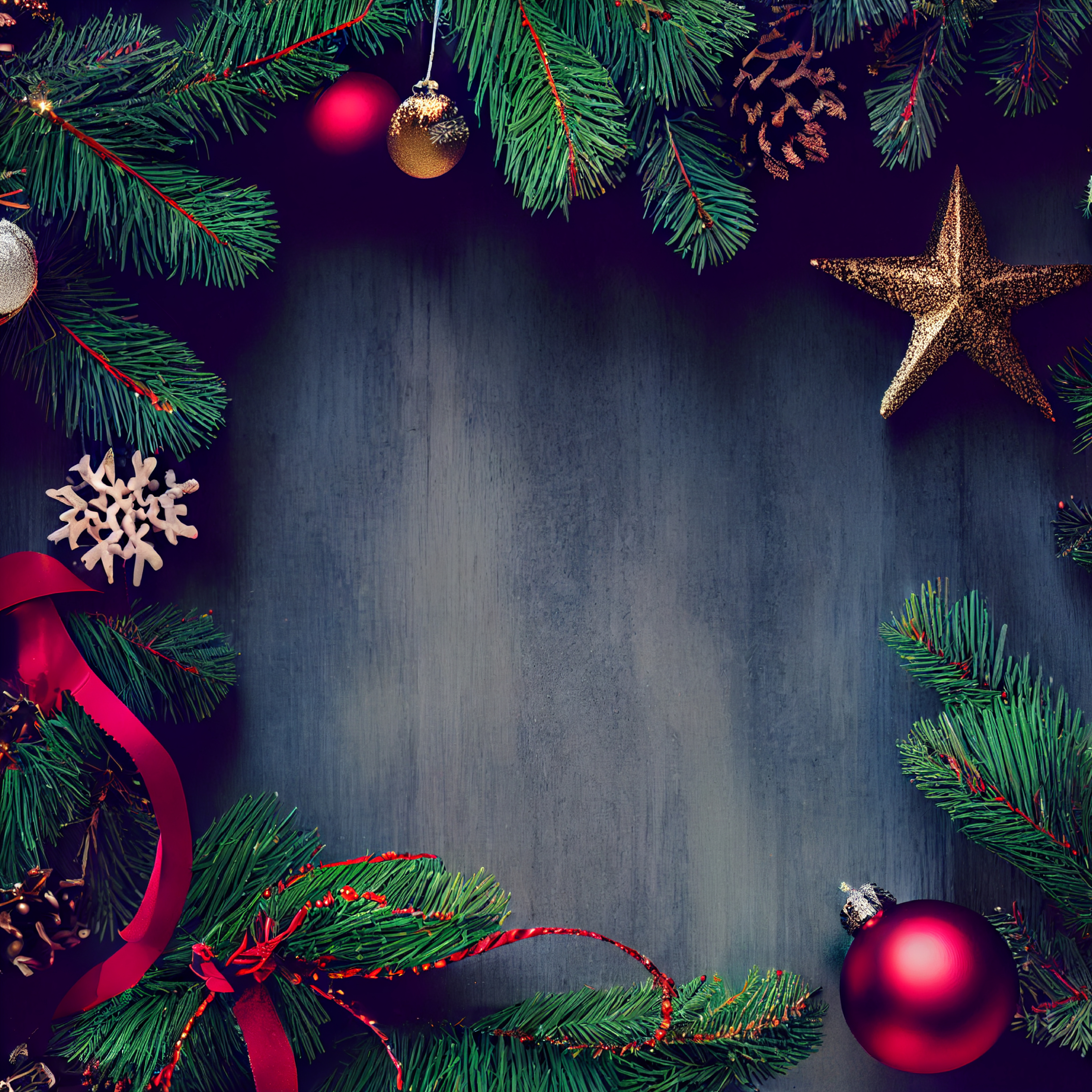 Christmas Frame Background with Fir Branches and Decorations Top View Image