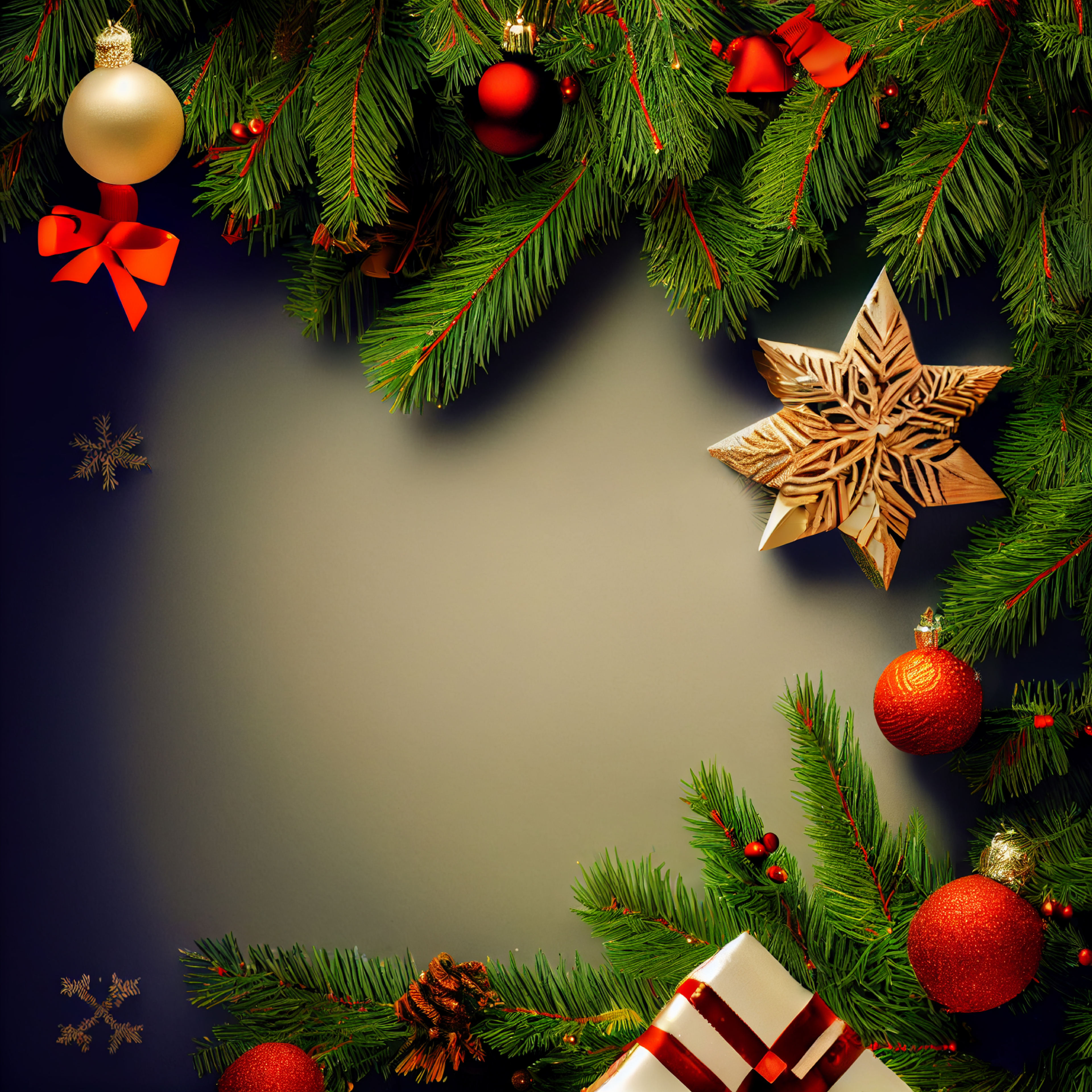 Christmas Frame Background with Fir Branches and Decorations Top View