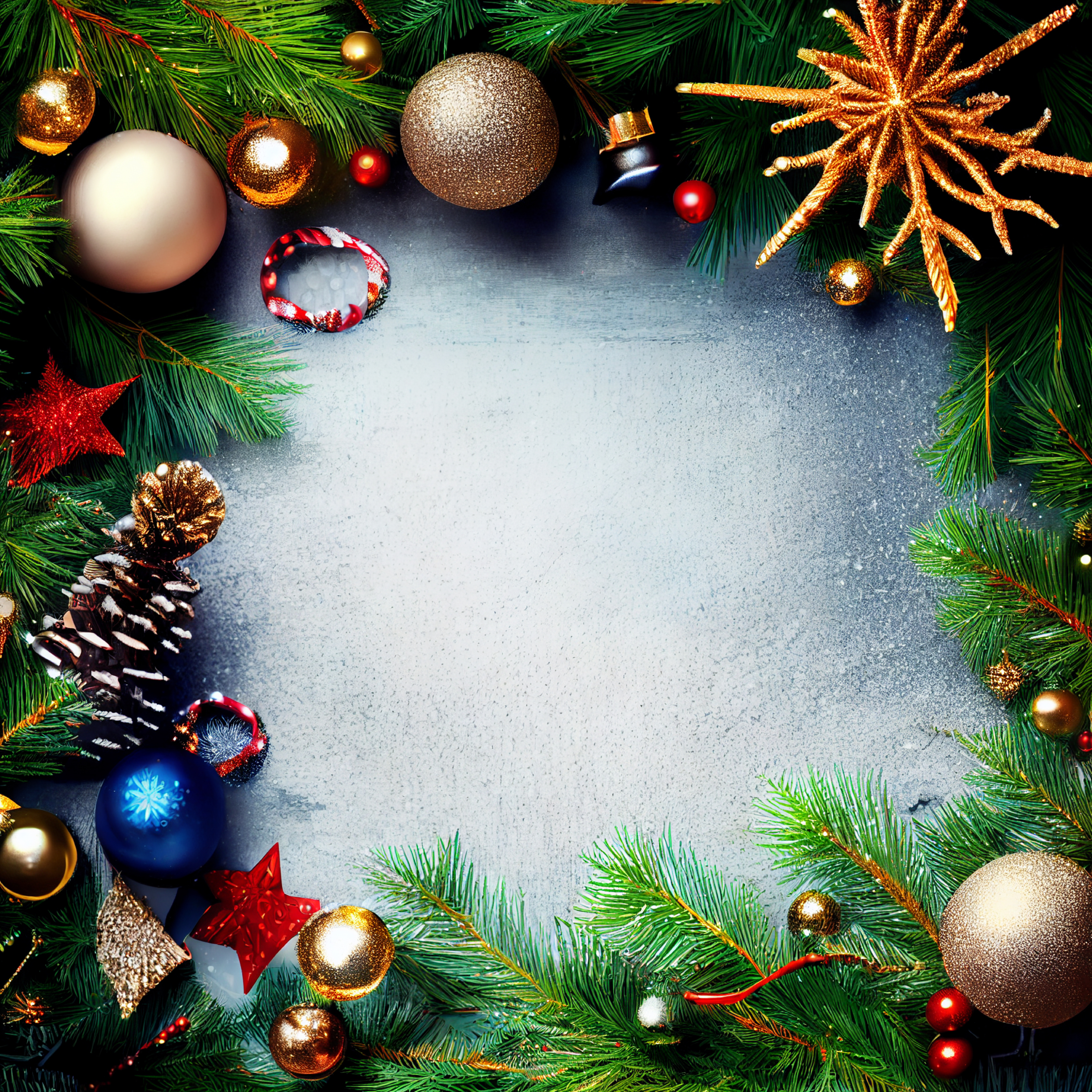 Christmas Frame Background with Fir Branches and Decorations Top View