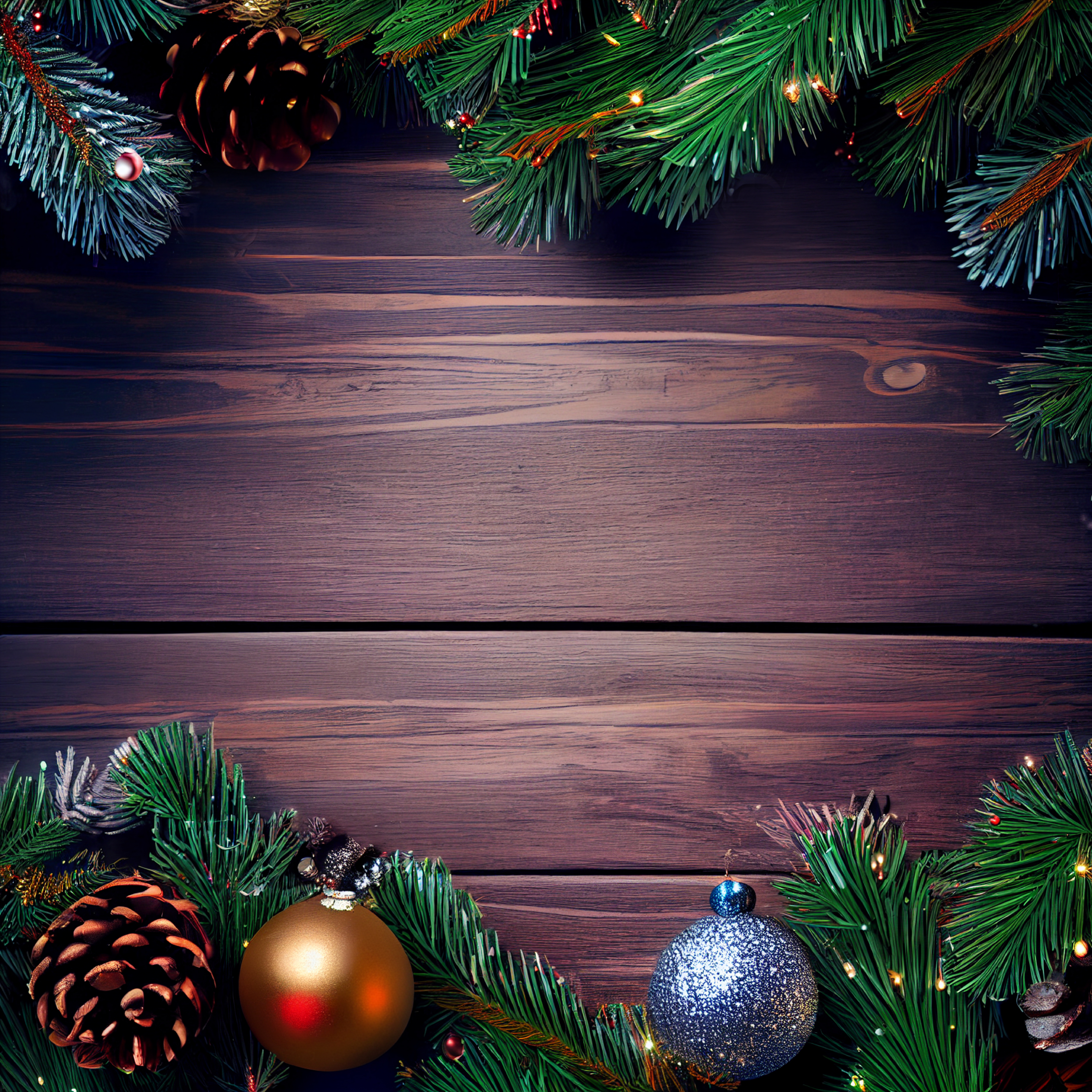 Christmas Frame Background with Fir Branches and Decorations Top View