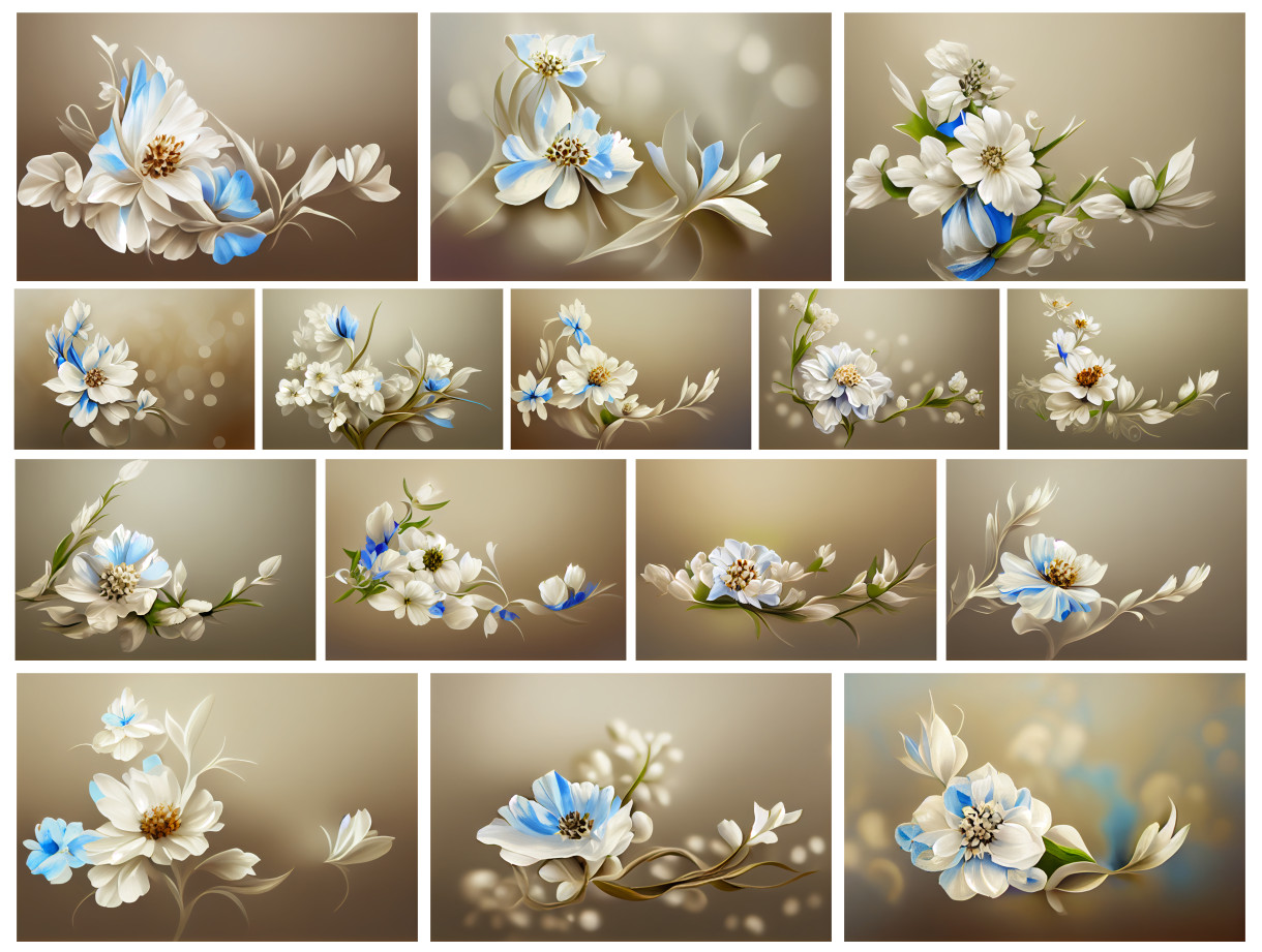 Graceful Harmony: 15 Blue and White Flowers on Beige Background – Free High-Resolution Design Resource