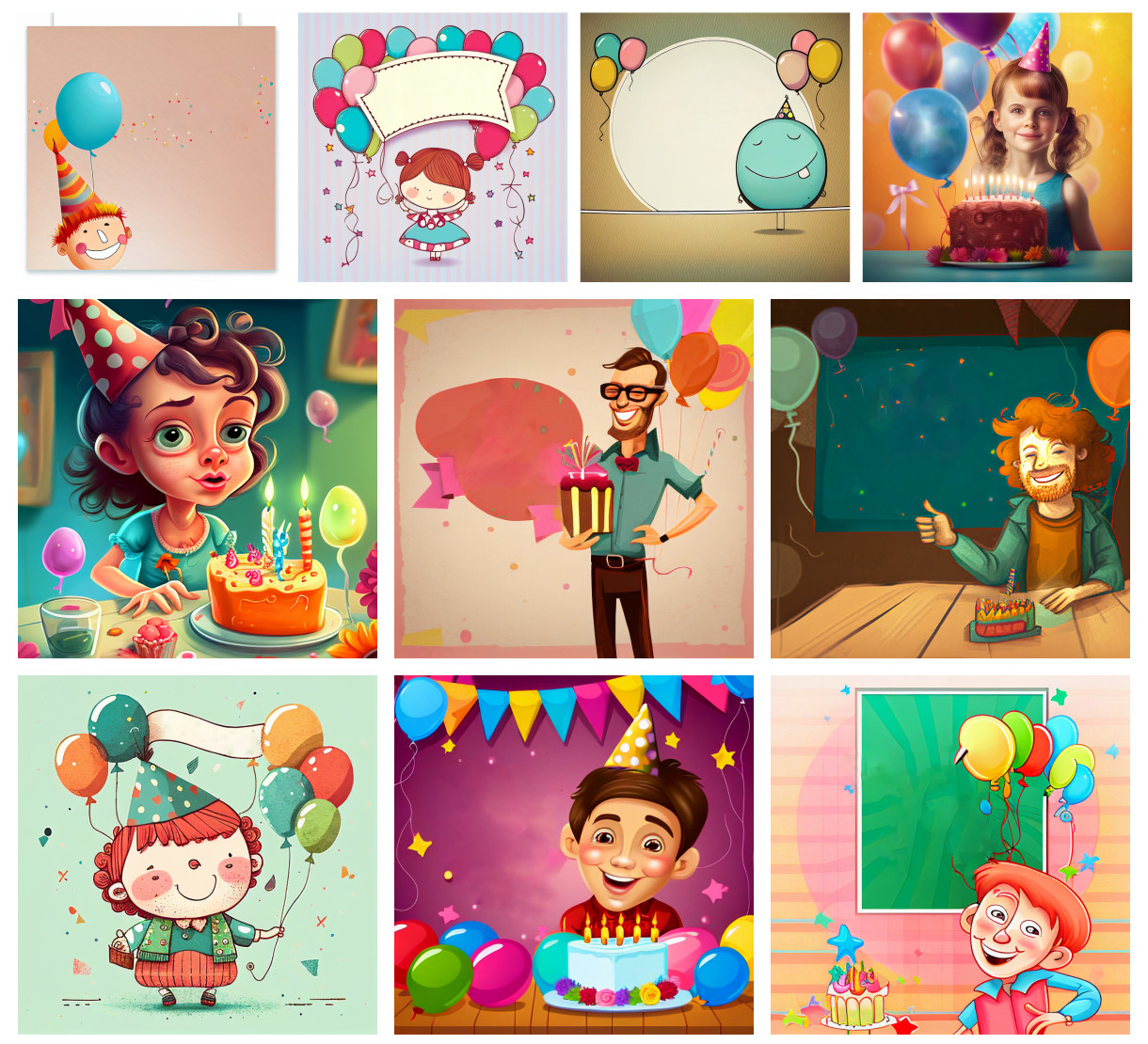Joyful Illustrations: Cartoon Birthday Backgrounds with Characters