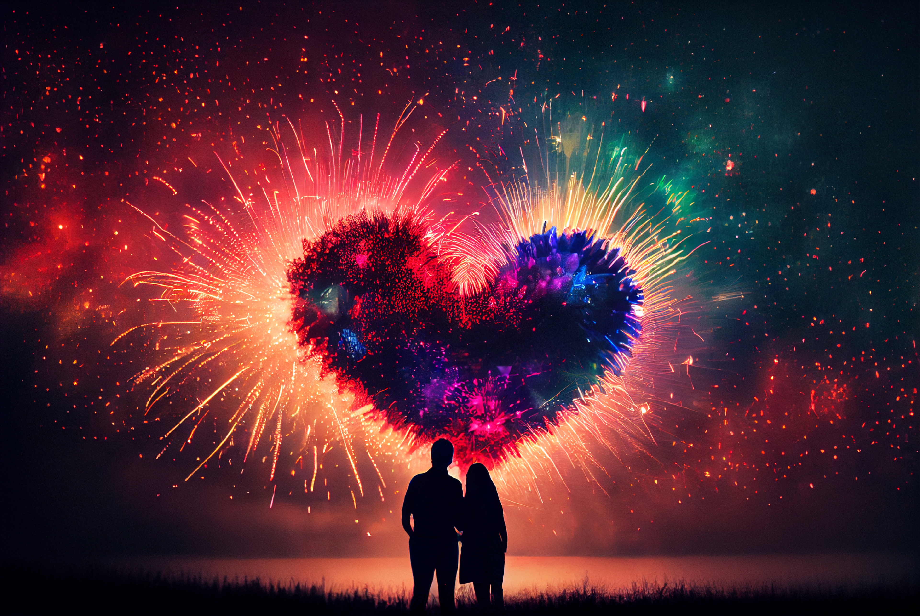 A Couple Cuddling in Front of a Heart Shaped Fireworks