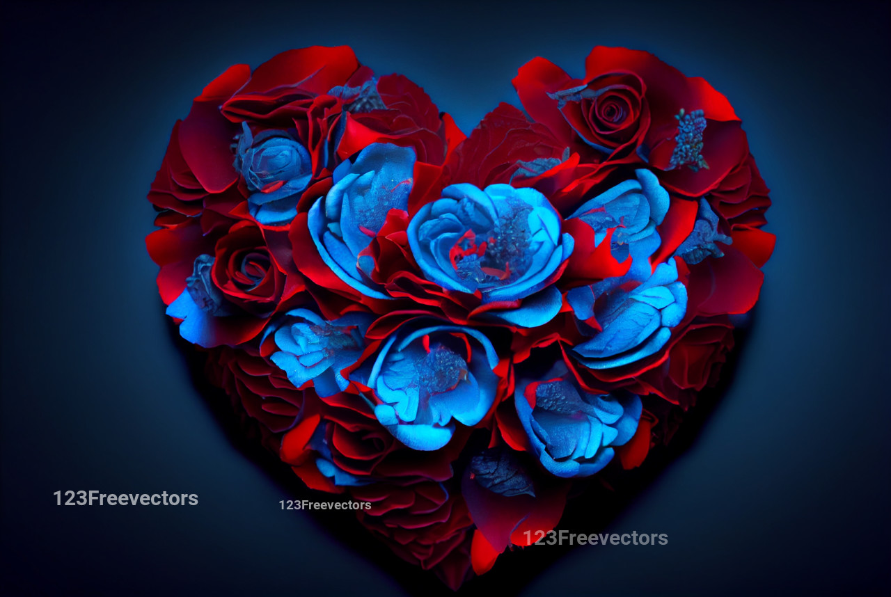 Red and Blue Rose Flowers Heart Shape Background