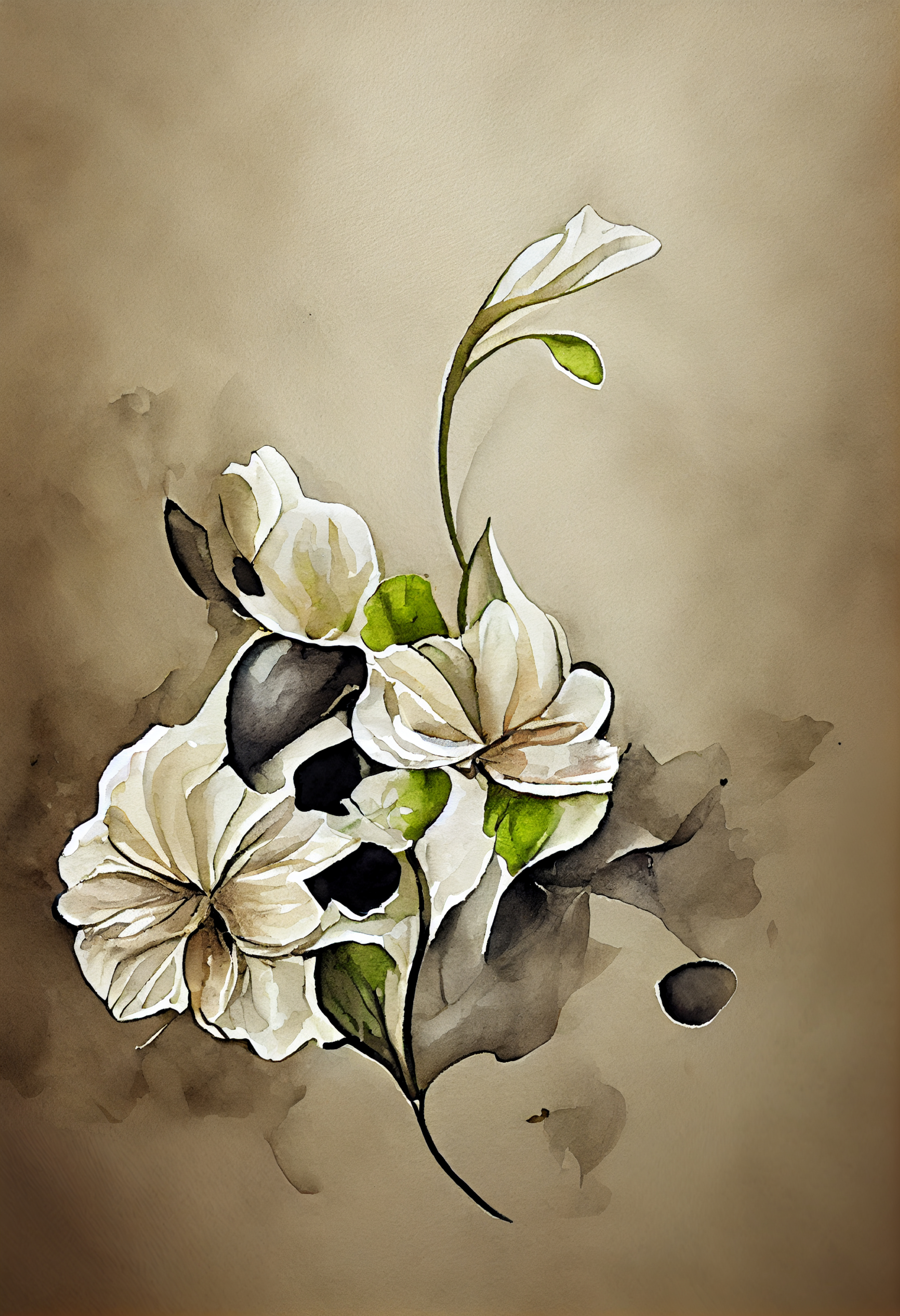 Watercolor White Flower on Beige Background