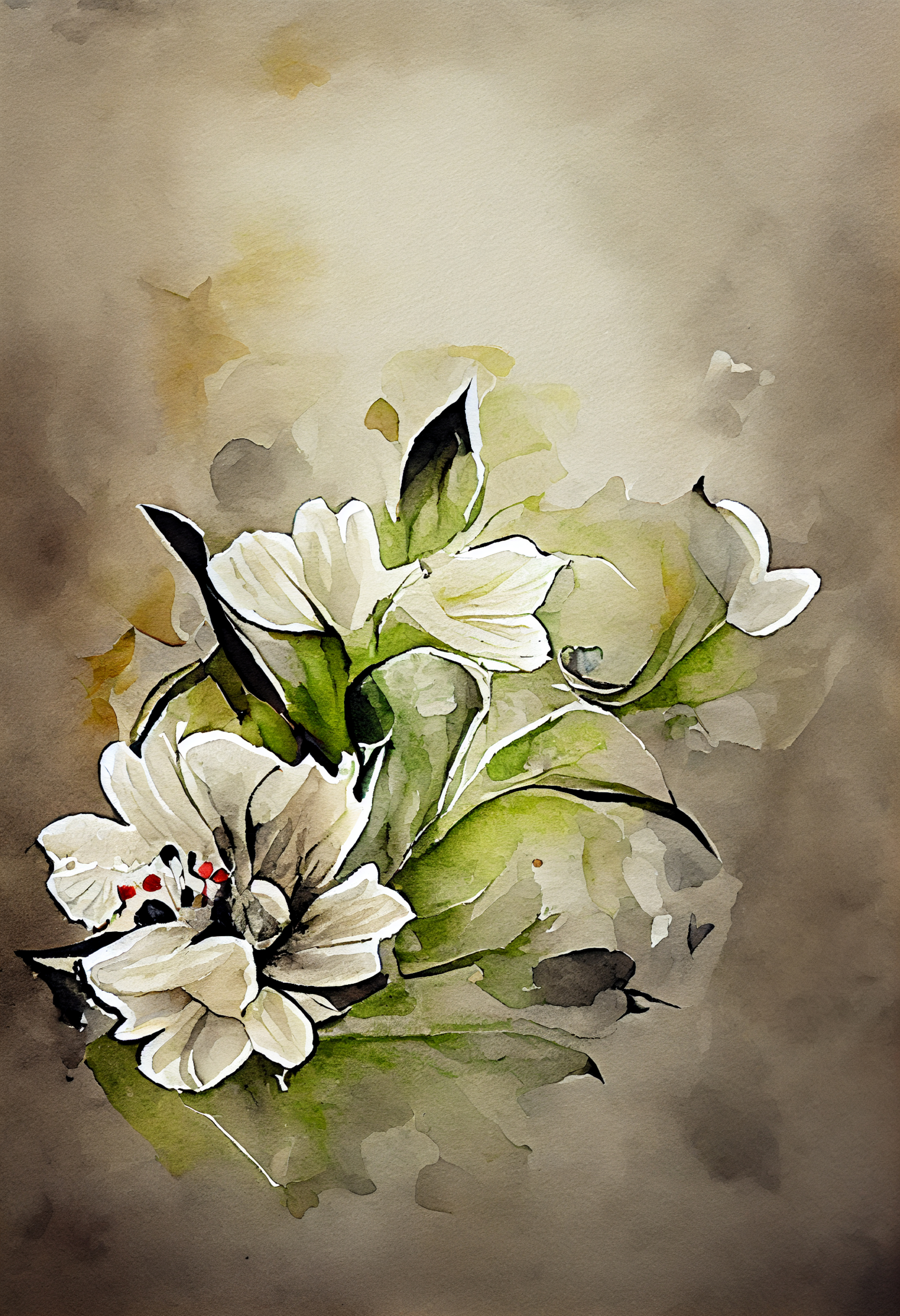 Watercolor White Flower on Beige Background