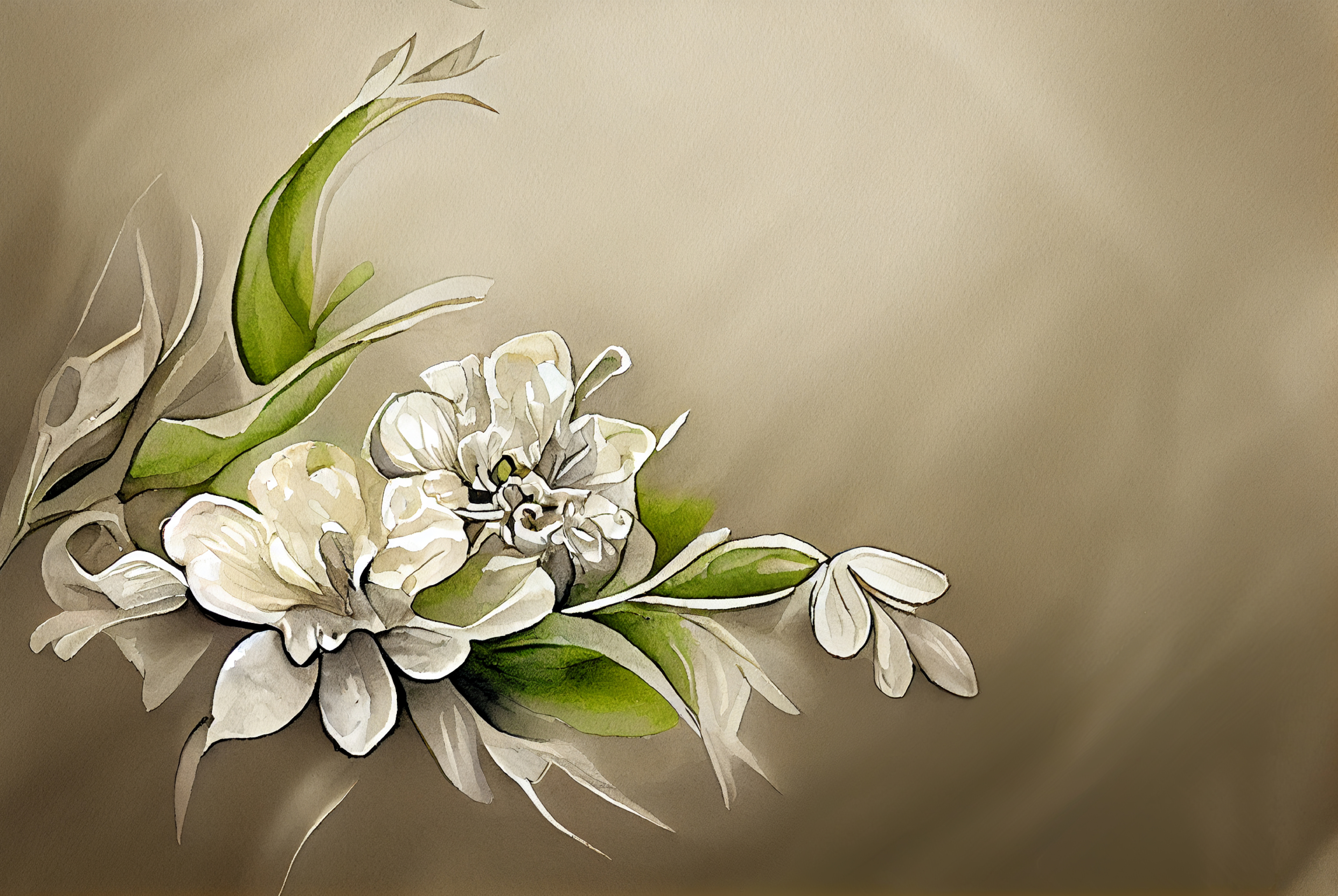 Watercolor White Flower on Beige Background