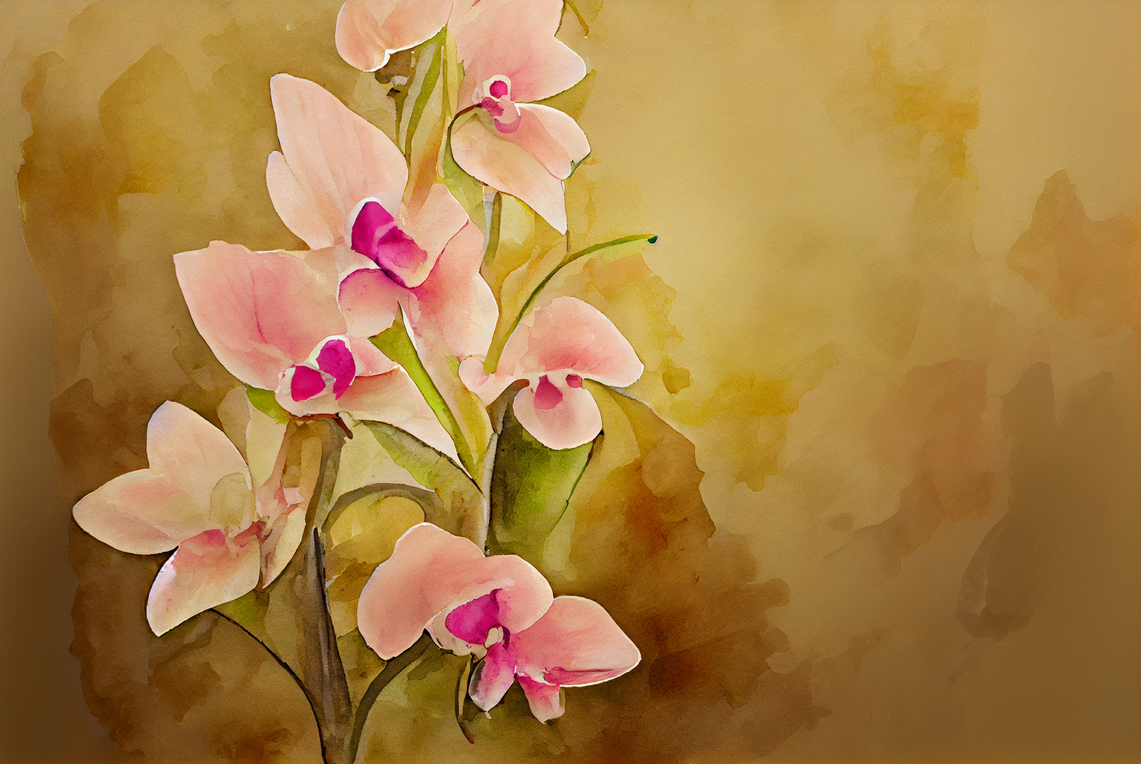 Watercolor Orchid Flower on Gold Background