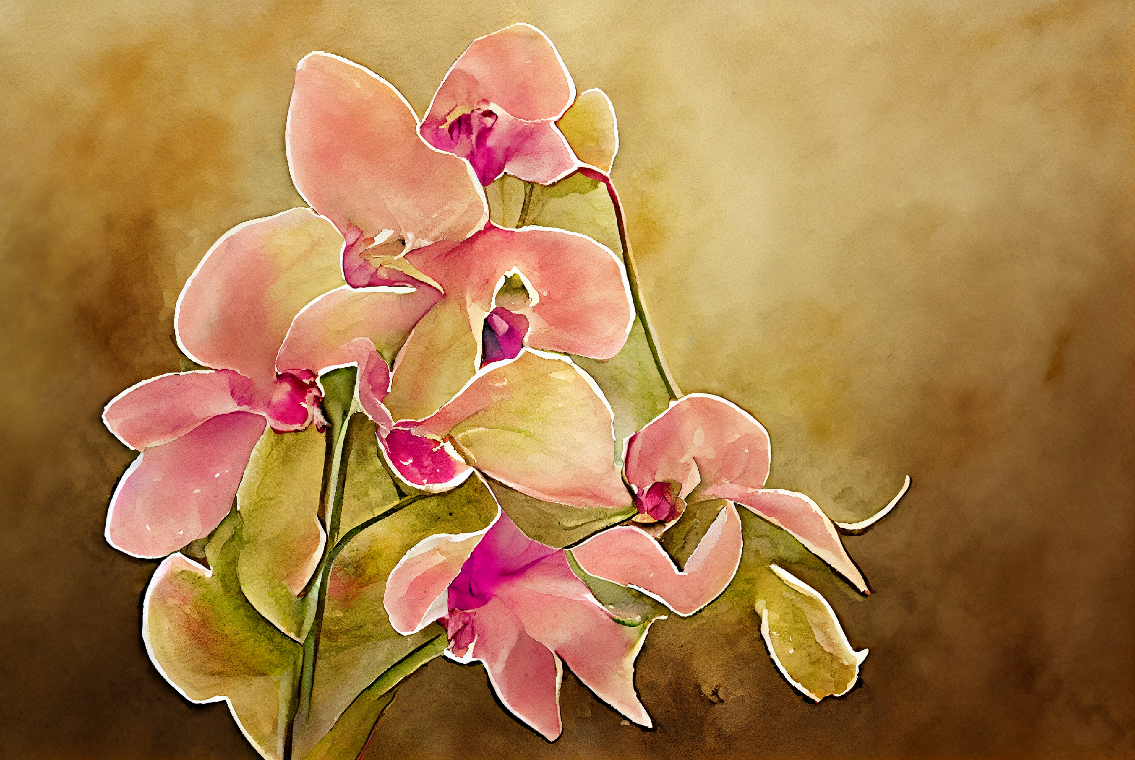 Watercolor Orchid Flower on Gold Background Image